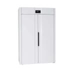 Balts apģērbu žāvēšanas skapis ar divām durvīm un melnu rokturi, moderns dizains un digitālais displejs.