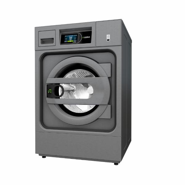 Profesionāla veļas mašīna Domus HPW-8/10 TOUCH II, pelēkā krāsā, ar digitālo displeju un apaļu durvju atvēršanu.
