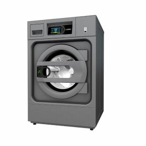 Profesionāla veļas mašīna Domus HPW-8/10 TOUCH II, pelēkā krāsā, ar digitālo displeju un apaļu durvju atvēršanu.