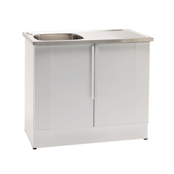Balta izlietne ar nerūsējošā tērauda izlietni, taisnstūra forma, divas durvis apakšā.