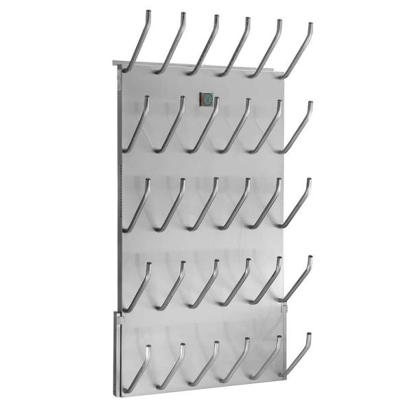 Apsildāms apavu žāvētājs ar 21 metāla āķi, sudraba krāsā, vertikālā formā, paredzēts apavu žāvēšanai.