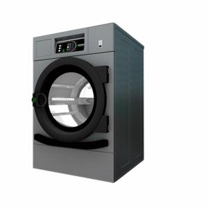 Profesionāls veļas žāvētājs ar melnu durvju rāmīti, pelēku korpusu un digitālo paneli priekšpusē.