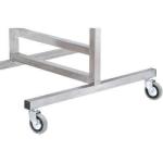 Metāla apavu žāvētāja statīvs ar riteņiem, sudraba krāsā, stabila konstrukcija un vienkārša forma.