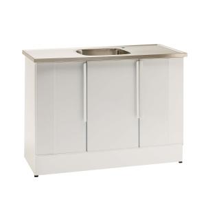 Balta izlietne ar nerūsējošā tērauda virsmu, trīs durvīm un centrālo izlietni. Moderns un funkcionāls dizains.