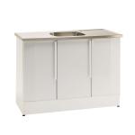 Balta izlietne ar nerūsējošā tērauda virsmu, trīs durvīm un centrālo izlietni. Moderns un funkcionāls dizains.