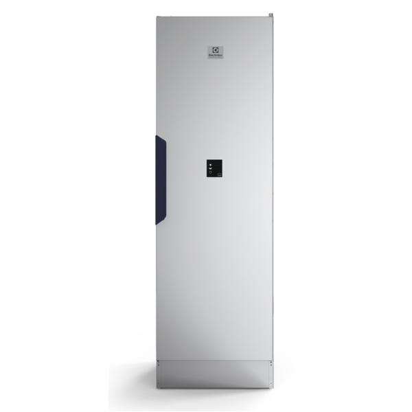 Balts apģērbu žāvēšanas skapis Electrolux DC6-4 ar vertikālu formu un melnu pogu paneli.