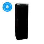 Melns apģērbu žāvēšanas skapis ar gludu virsmu, augsts un šaurs, ar elektronisko vadību augšpusē.