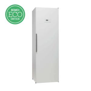 Balts apģērbu žāvēšanas skapis ar digitālo paneli un sānu rokturi, bez ārējās ventilācijas.