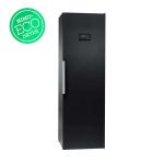 Melns apģērbu žāvēšanas skapis ar metāla rokturi un digitālo paneli, augsts un šaurs dizains.