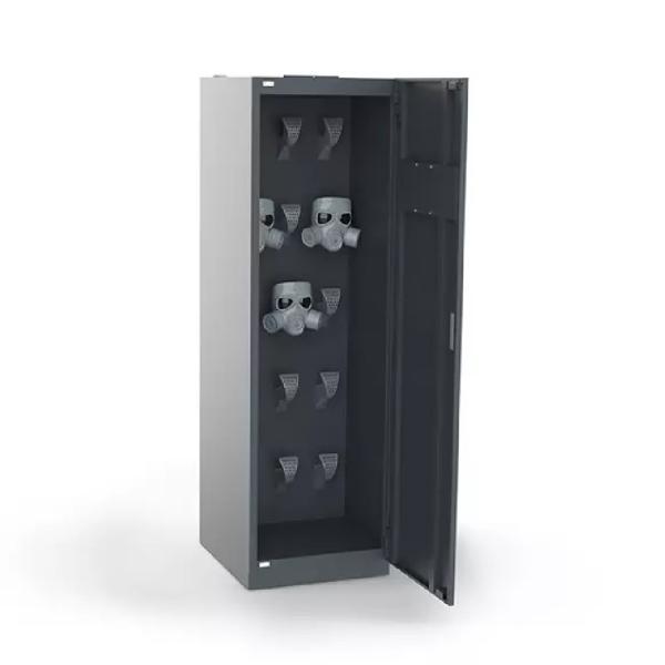 Elpošanas masku žāvētājs ar pelēku metāla korpusu un atvērtu durvju dizainu, iekšpusē vieta maskām.