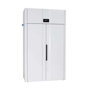 Balts apģērbu žāvēšanas skapis ar divām durvīm, digitālo displeju un melnu rokturi. Moderns un elegants dizains.