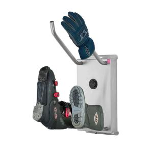 Apavu žāvētājs ar siltā gaisa plūsmu, sudraba krāsā, ar vietu apaviem un cimdiem, kompakta forma.