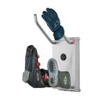 Apavu žāvētājs ar siltā gaisa plūsmu, sudraba krāsā, ar vietu apaviem un cimdiem, kompakta forma.