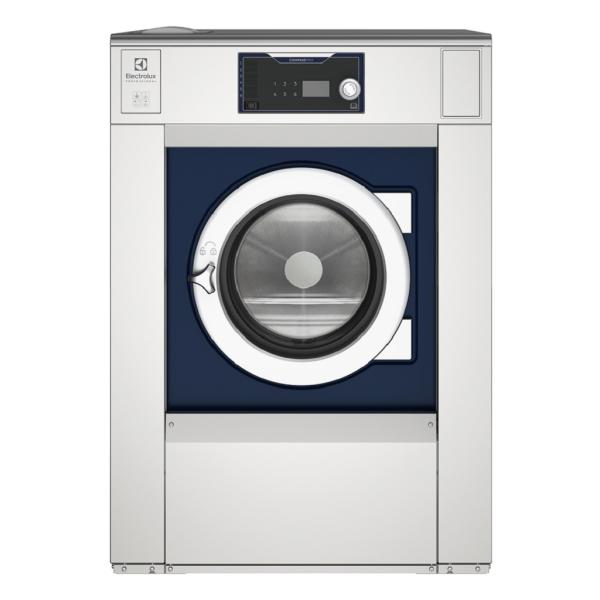 Veļas mašīna Electrolux Professional WH6-20 ar sudraba un tumši zilu krāsu, apaļu durvju logu un digitālo paneli.