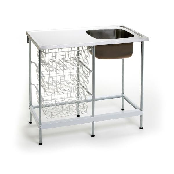 Nimo NB 1000 izlietne ar nerūsējošā tērauda virsmu, metāla rāmi un vienu brūnu izlietni. Iekārtai ir grozi sānos.