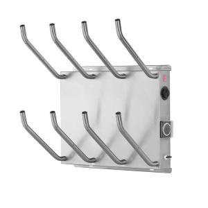 Apavu žāvētājs ar sudraba krāsas metāla korpusu un pieciem izliektiem žāvētājiem. Iekārtai ir temperatūras regulators.